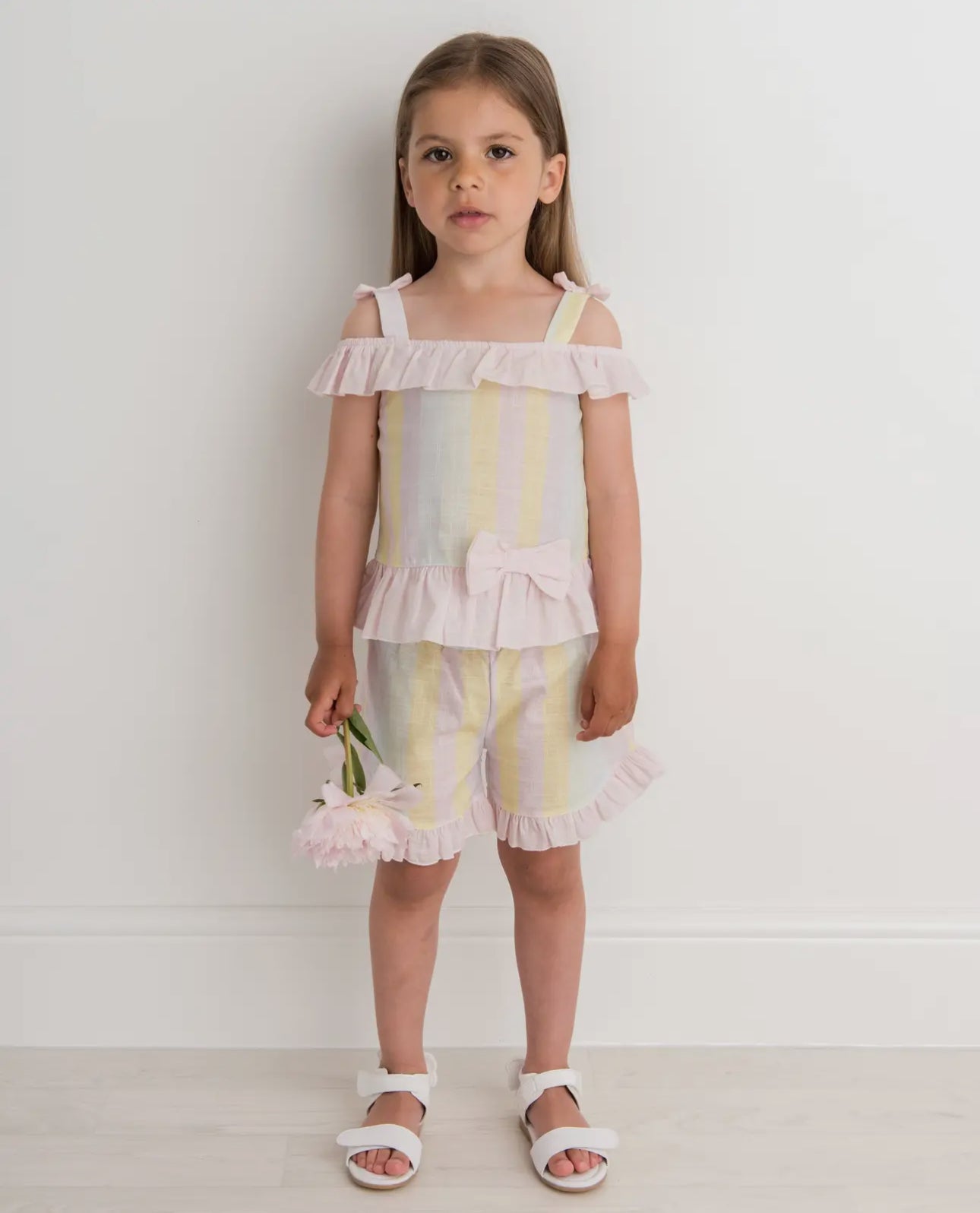 Candy Stripe Cold Shoulder Short Set-Rainbow