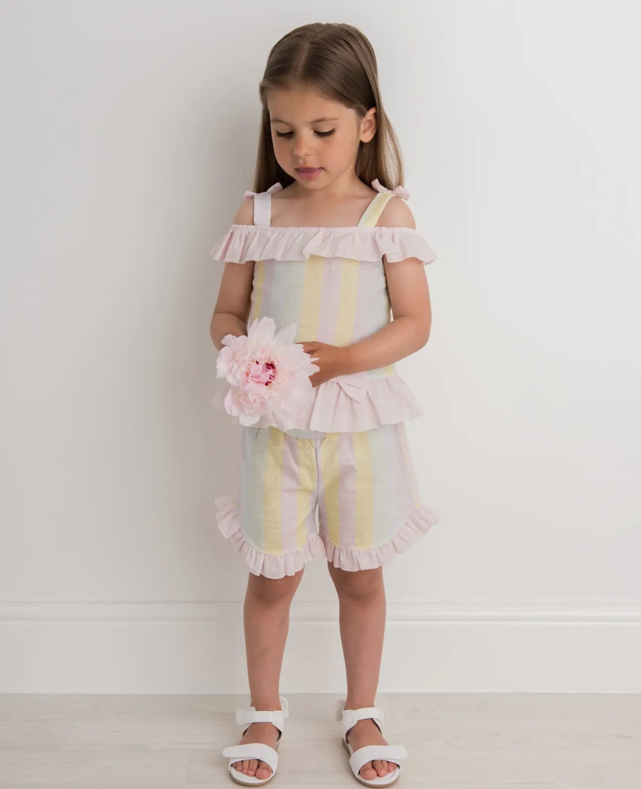 Candy Stripe Cold Shoulder Short Set-Rainbow