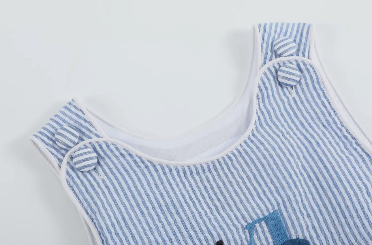Dark Blue Tractor Seersucker Bubble Romper