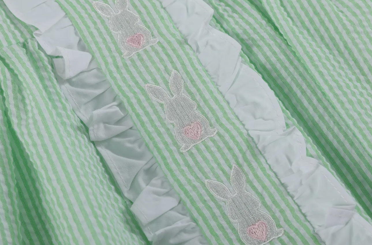 Green Seersucker Easter Bunny Ruffle Dress