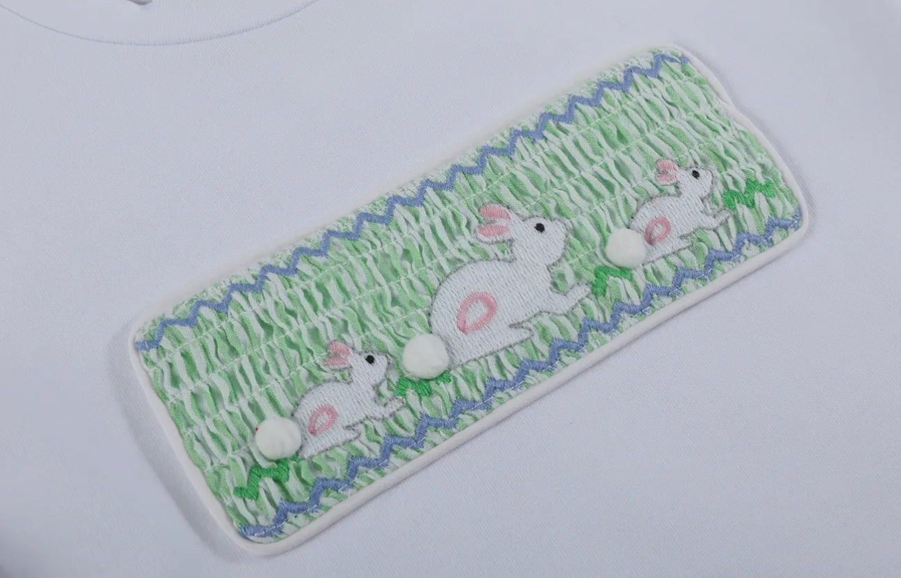 Green Seersucker Short Set Smocked Easter Bunny
