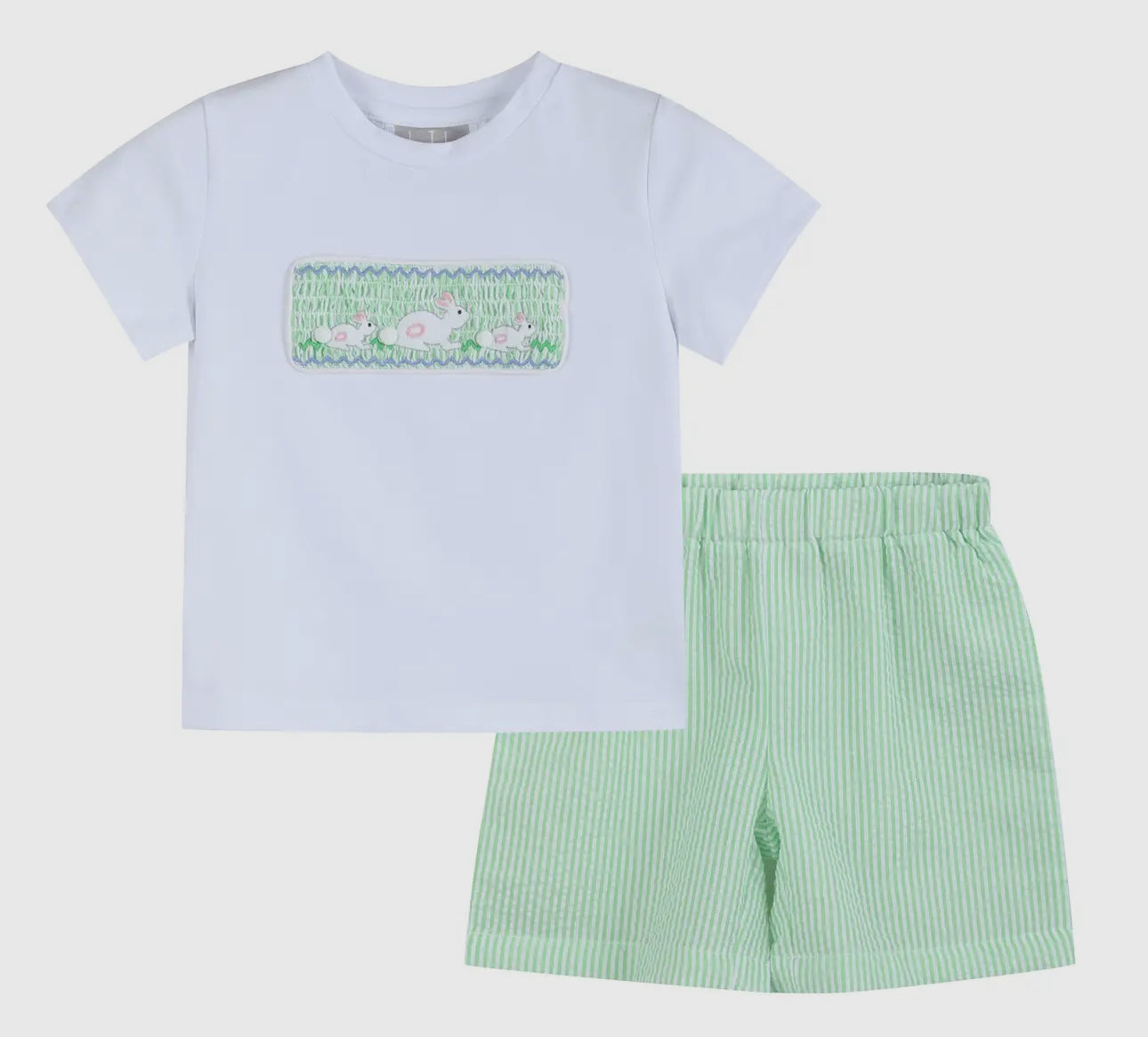Green Seersucker Short Set Smocked Easter Bunny