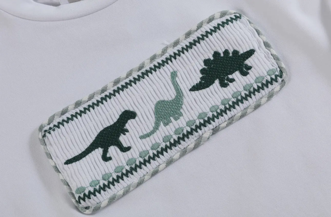 White Dinosaur Smocked Tee and Green Gingham Short Set