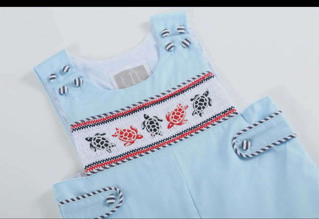 Blue & Red Turtle Applique Smocked Shorttalls