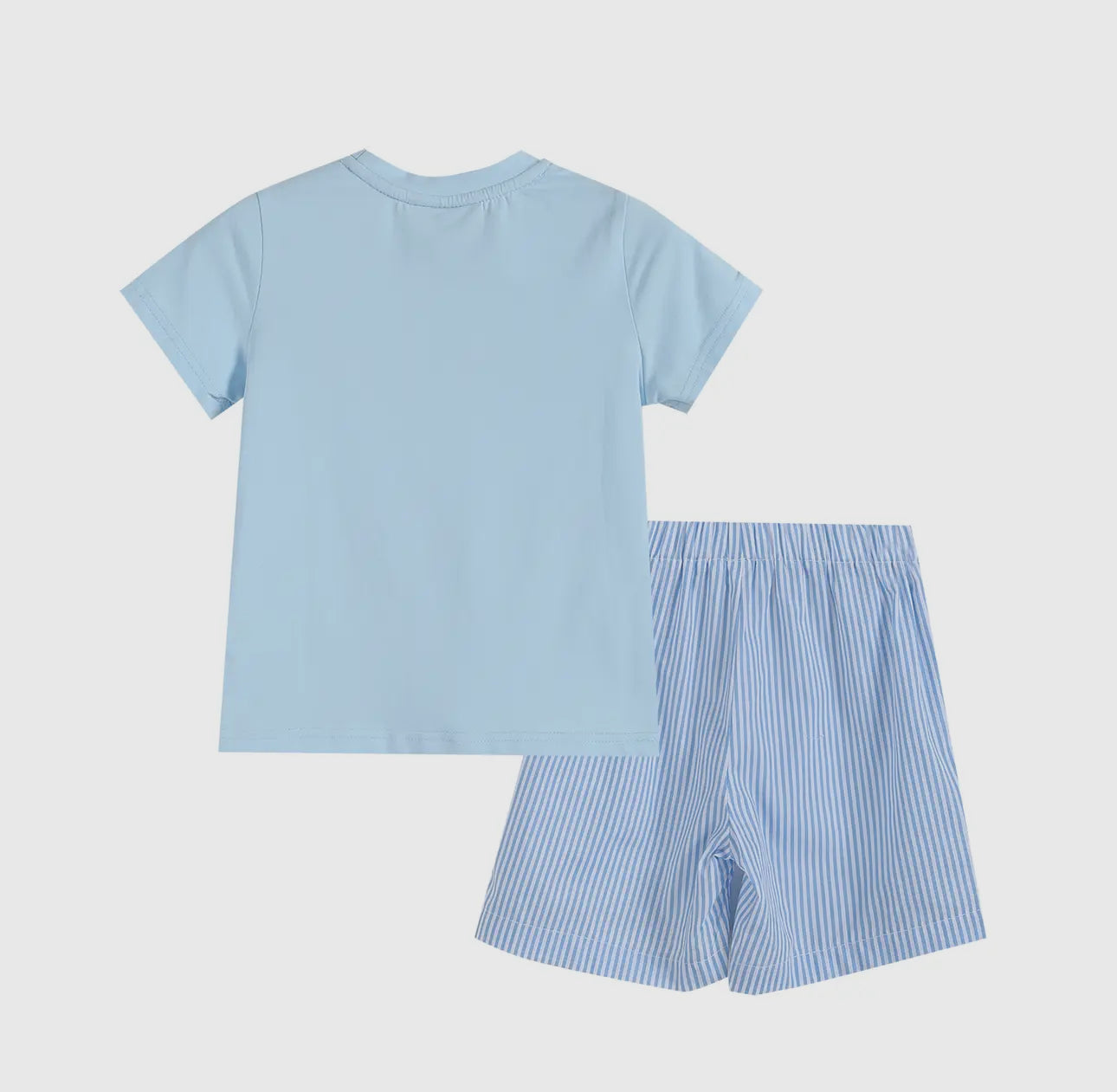 Light Blue Tractor Smocked T-shirt with Blue Striped Shorts