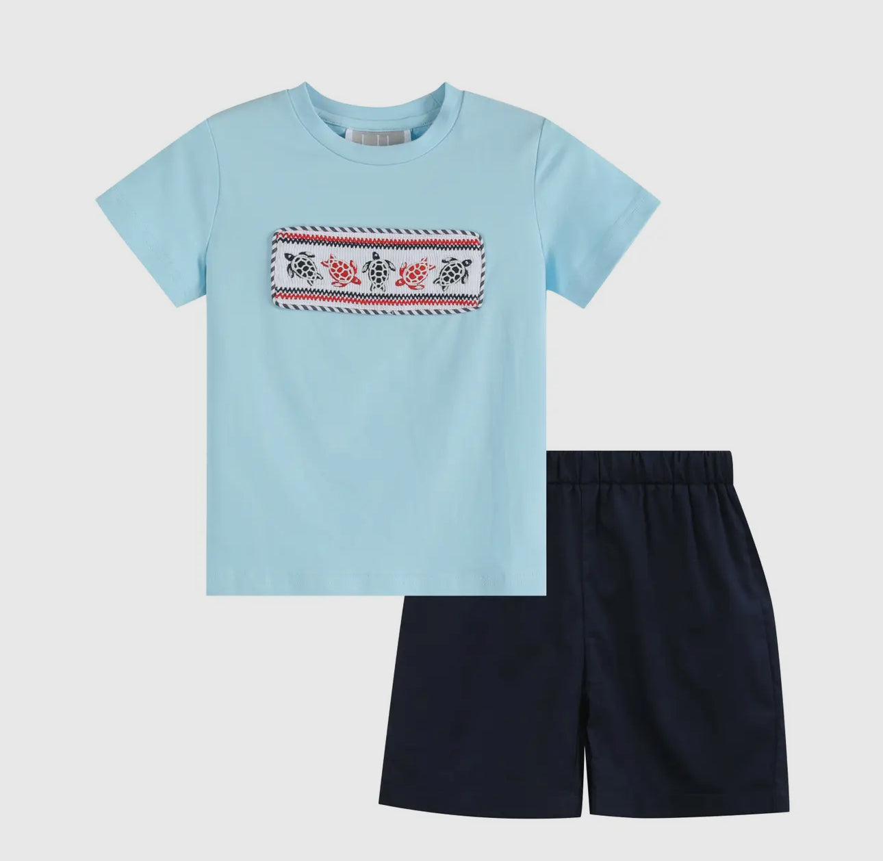 Blue & Red Turtle Smocked Applique Crewneck Tee & Navy Shorts