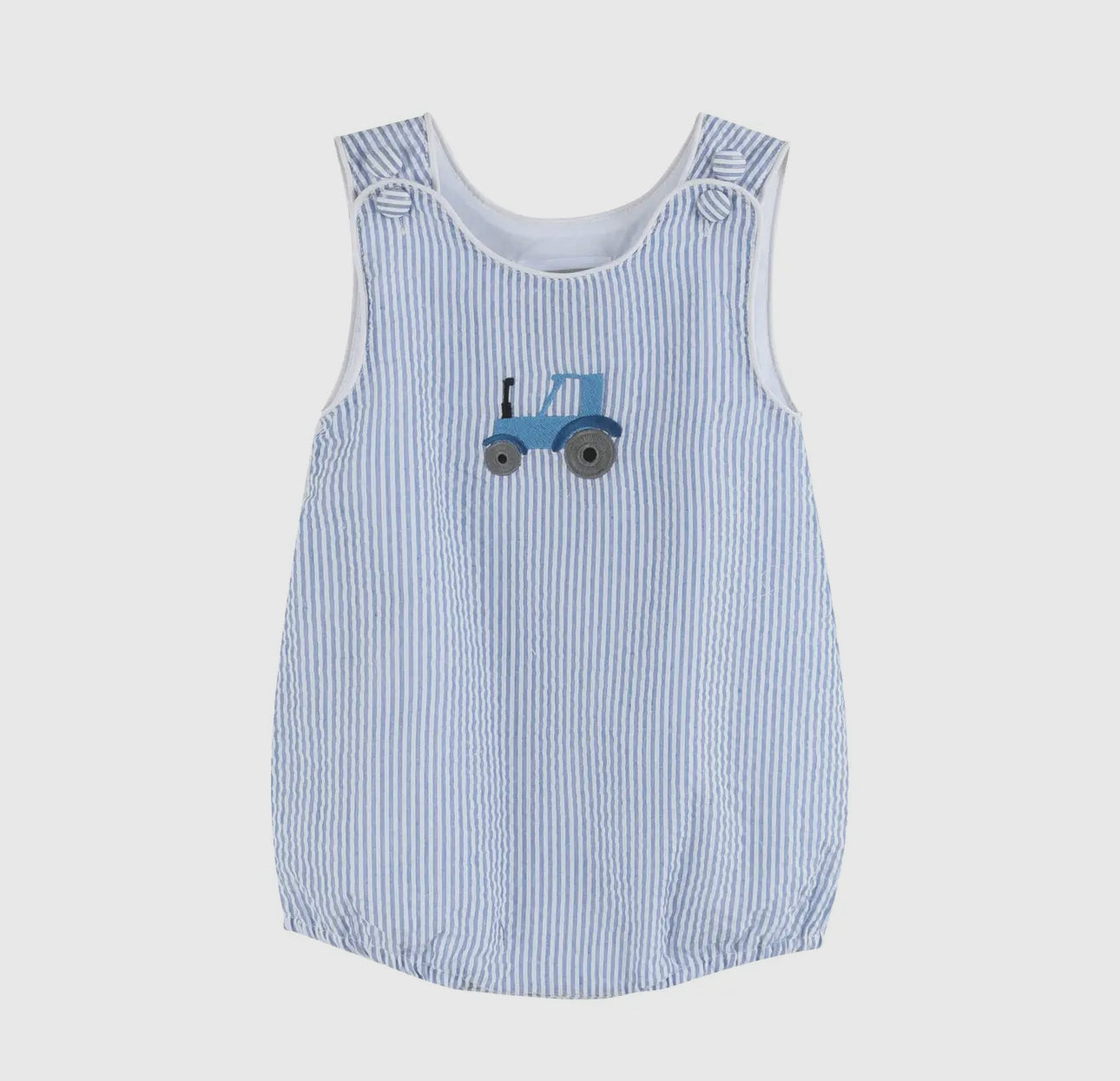 Dark Blue Tractor Seersucker Bubble Romper