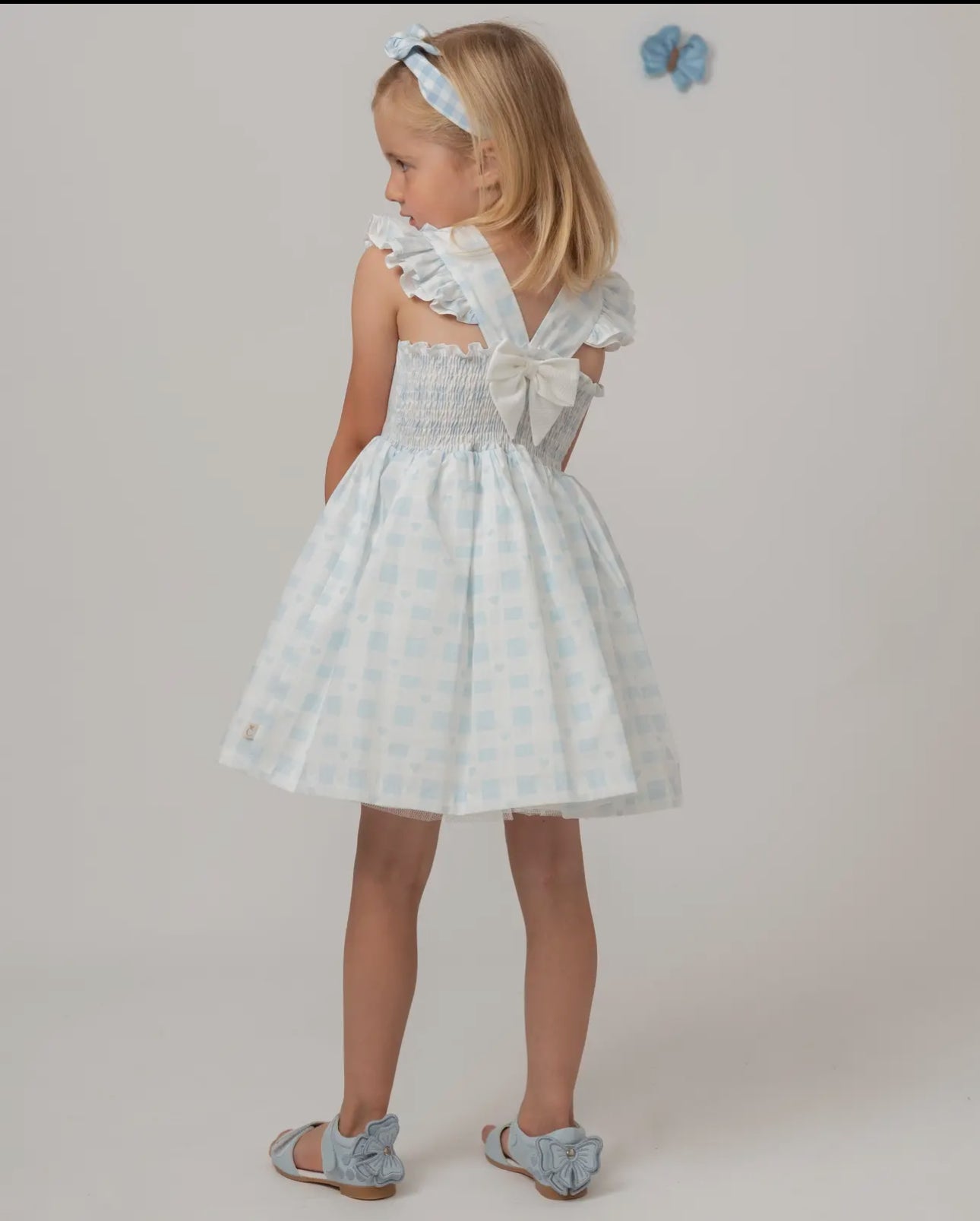 Checked Heart Dress with Bow-Sky