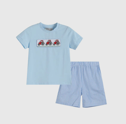 Light Blue Tractor Smocked T-shirt with Blue Striped Shorts