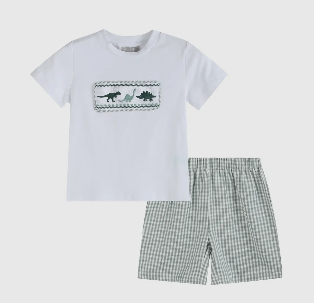 White Dinosaur Smocked Tee and Green Gingham Short Set