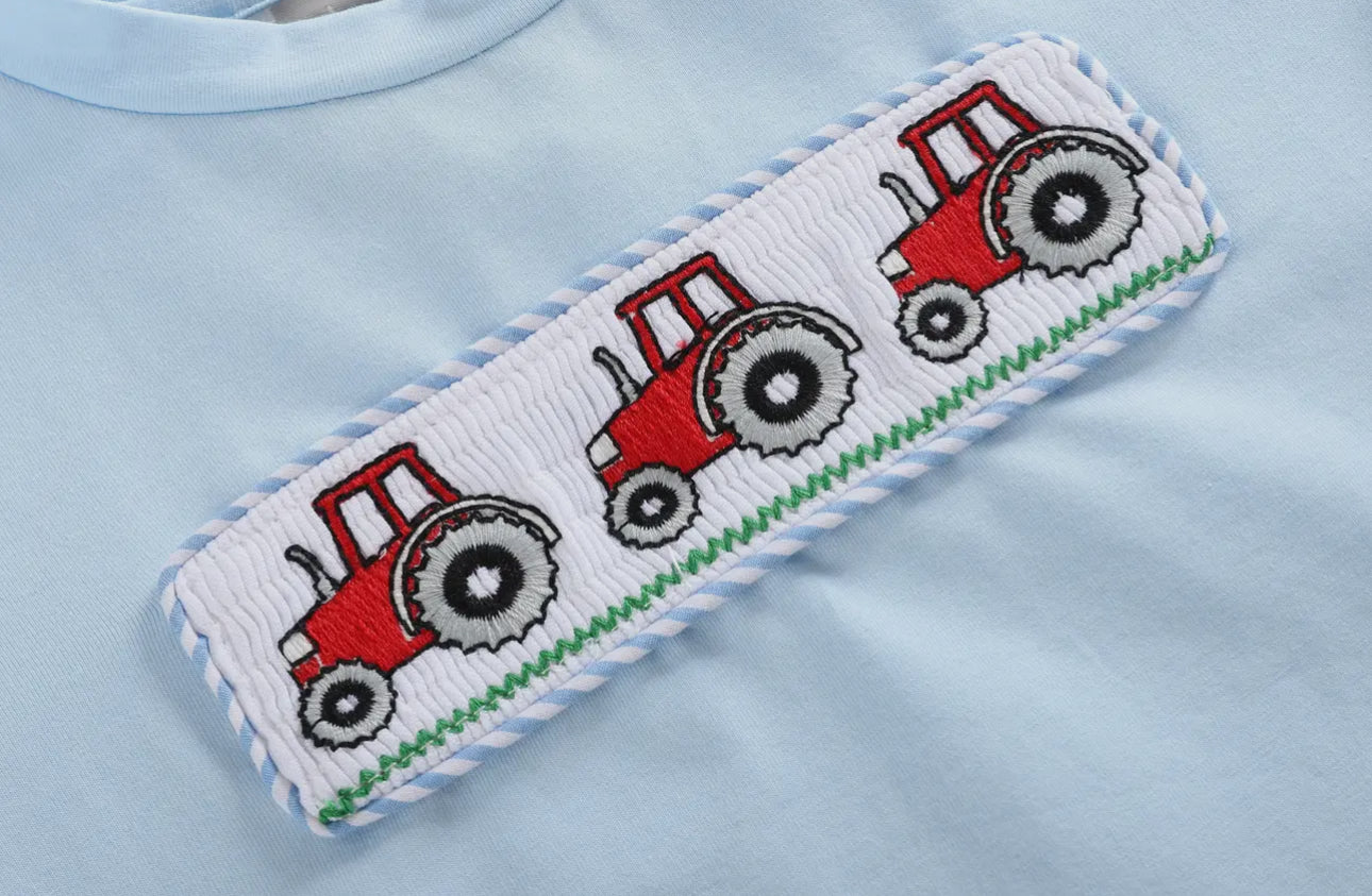 Light Blue Tractor Smocked T-shirt with Blue Striped Shorts