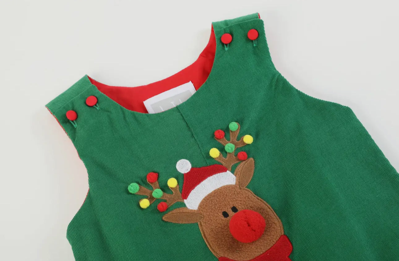 Green Corduroy Sherpa Reindeer Overalls