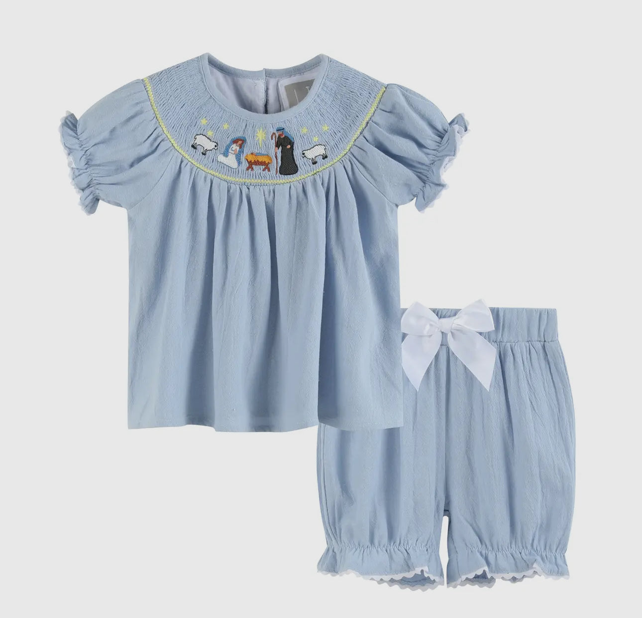 Light Blue Nativity Smocked Dress and Bloomer Set