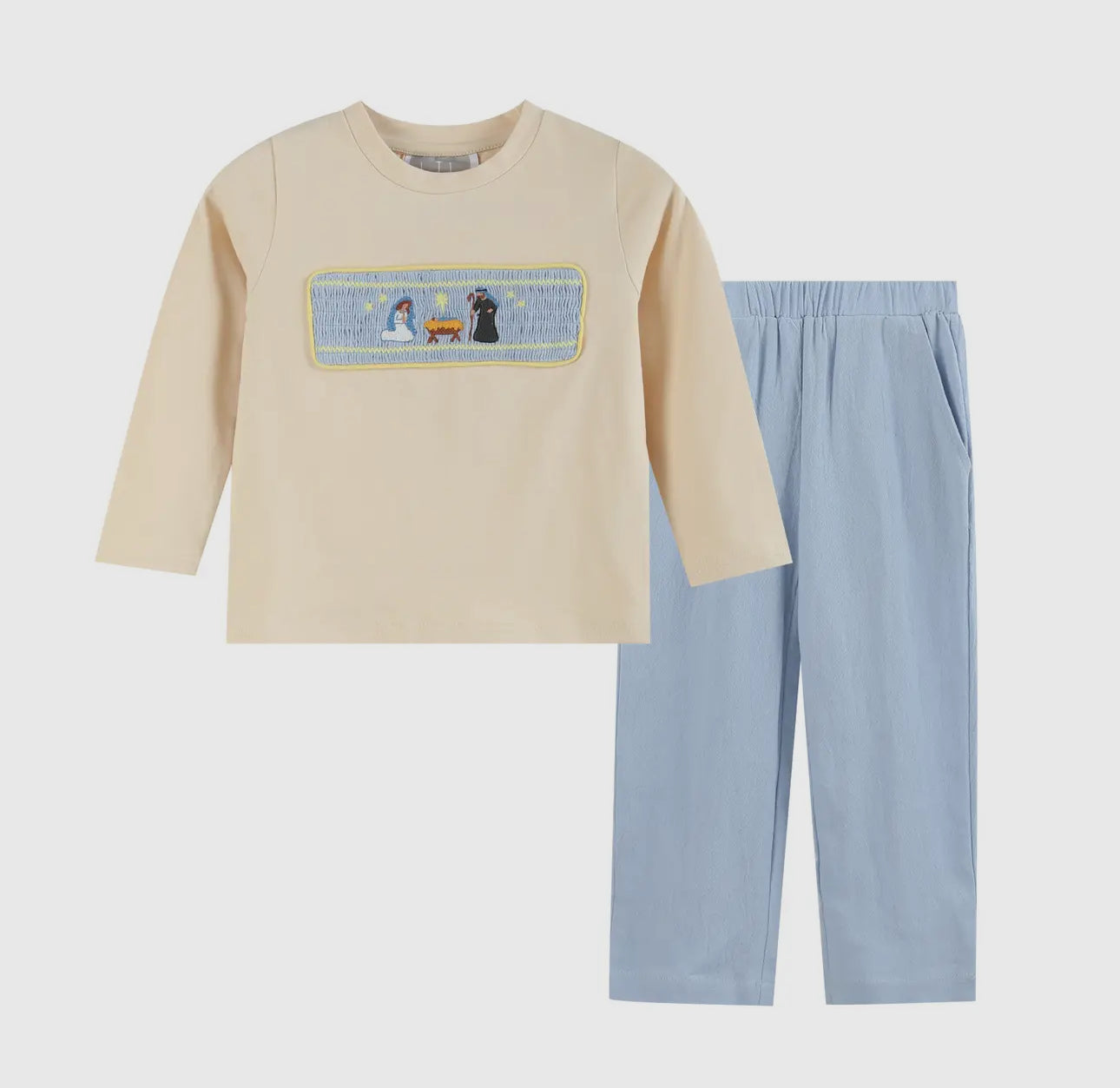 Light Brown Nativity Smocked Shirt and Blue Pants