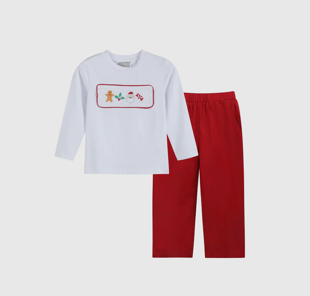 White Christmas Smocked Shirt and Red Corduroy Pants Set