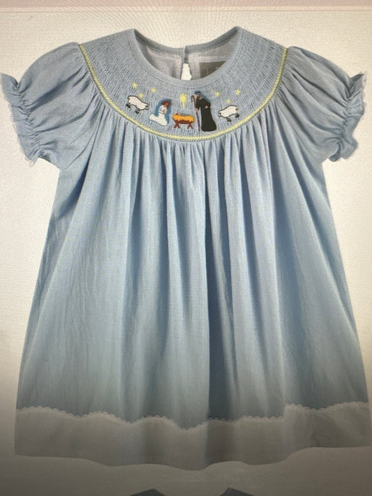 Light Blue Nativity Smocked Bishop Sleeve Dress