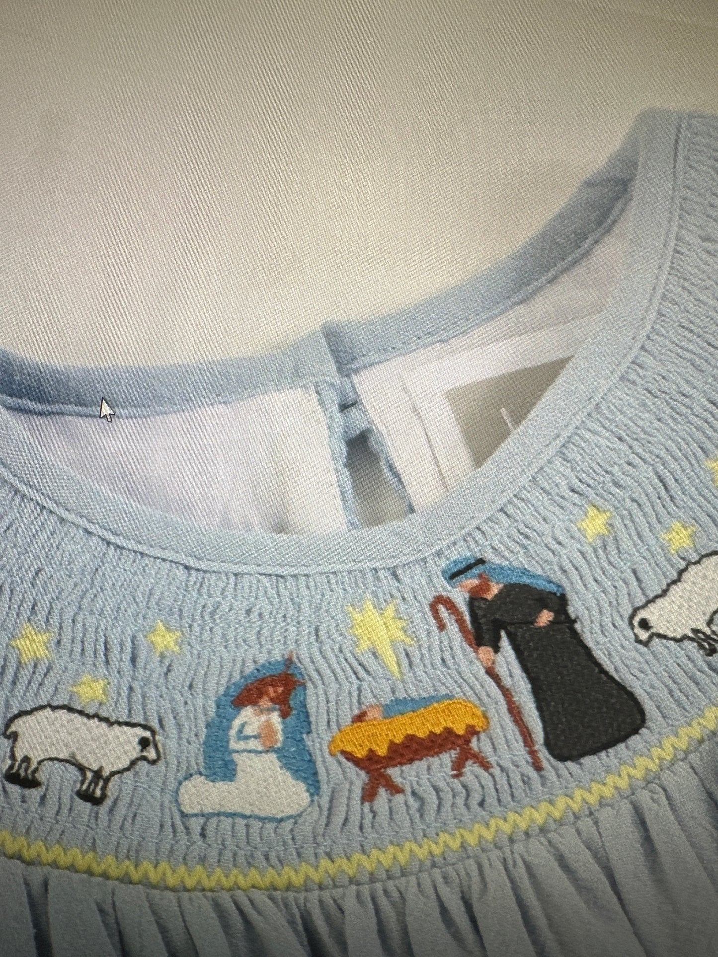 Light Blue Nativity Smocked Bishop Sleeve Dress